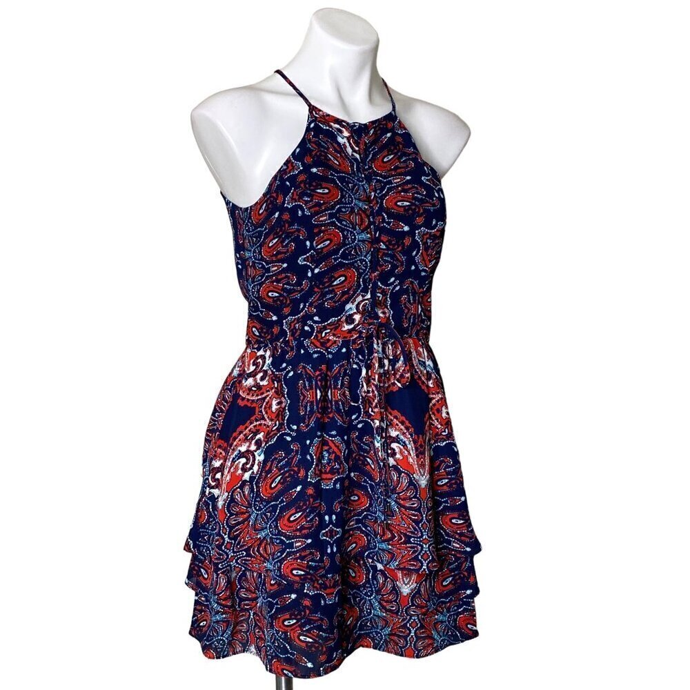 Parker Bandana Print Lace-up Halter Mini Dress, Navy Red Ruffle Hem Women's S - Picture 5 of 12